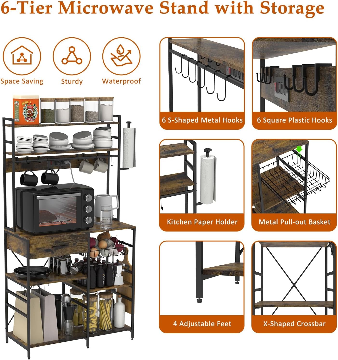 Kitchen Storage Shelf with Power Outlet, 6-Tier Adjustable with Drawer & Baskets