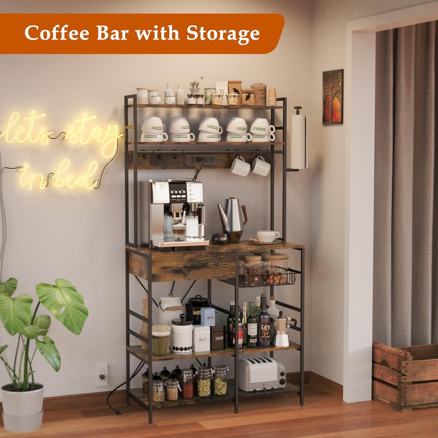 Kitchen Storage Shelf with Power Outlet, 6-Tier Adjustable with Drawer & Baskets