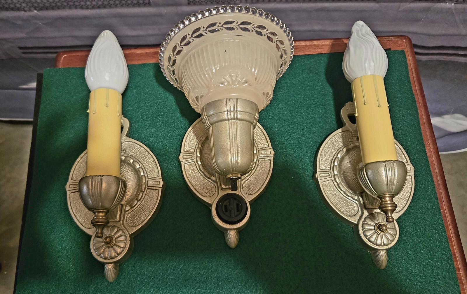 Trio Antique 1930's Markel Slip Shade Candle Wall Sconces Restored Cast Iron