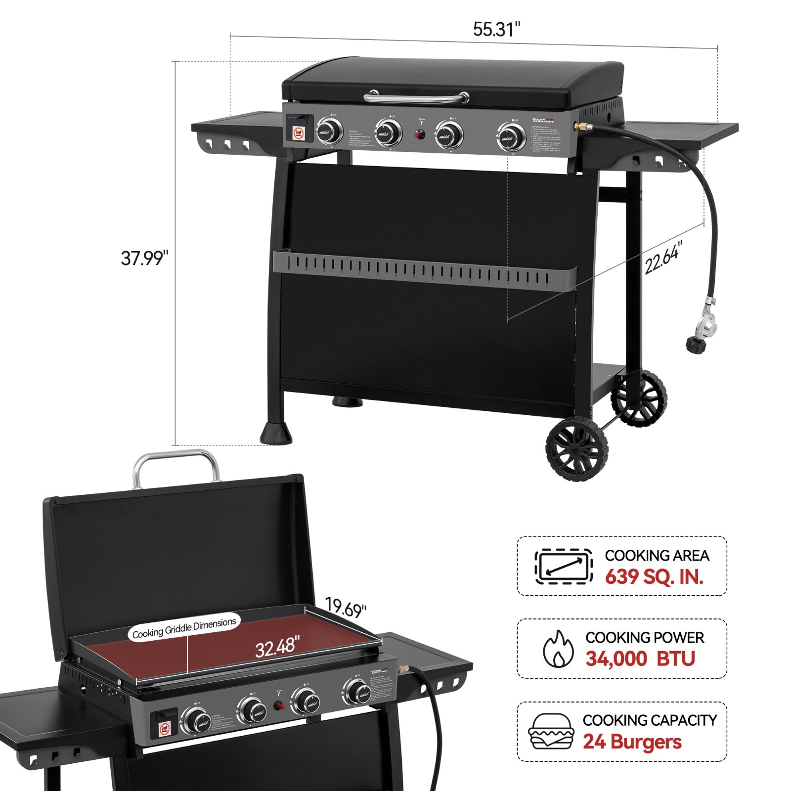 Royal Gourmet 4-Burner Tabletop Gas Griddle with Hood/Removable Standing Cart