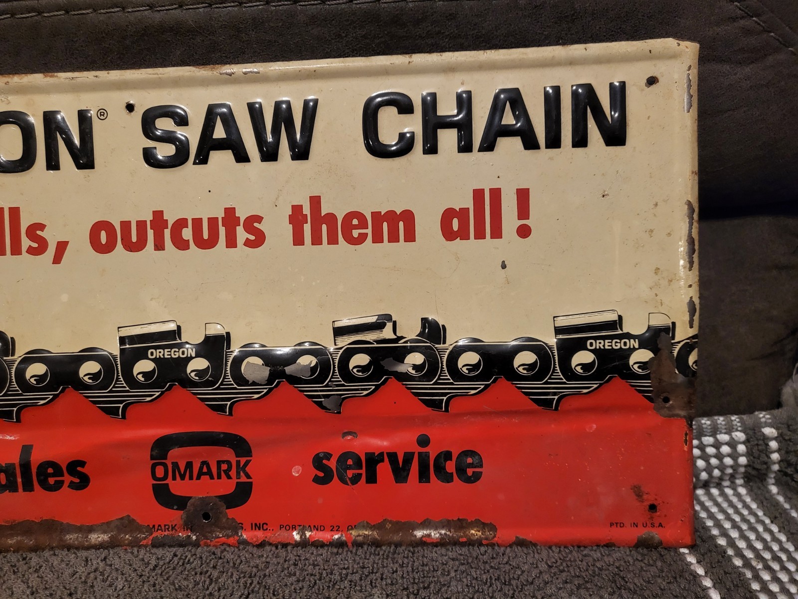 Oregon Chainsaw Advertising Sign, EARLY HEAVY METAL NOT TIN TACKER..