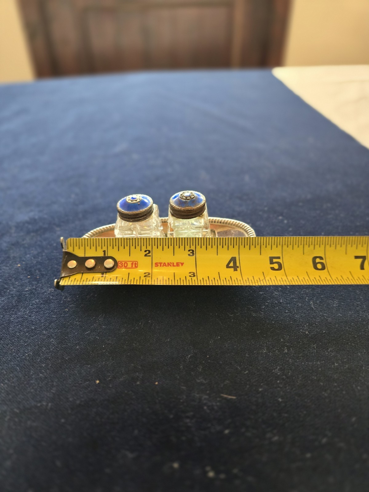 Antique Norway Guilloche Enamel Sterling Silver Salt & Pepper Set On Tray