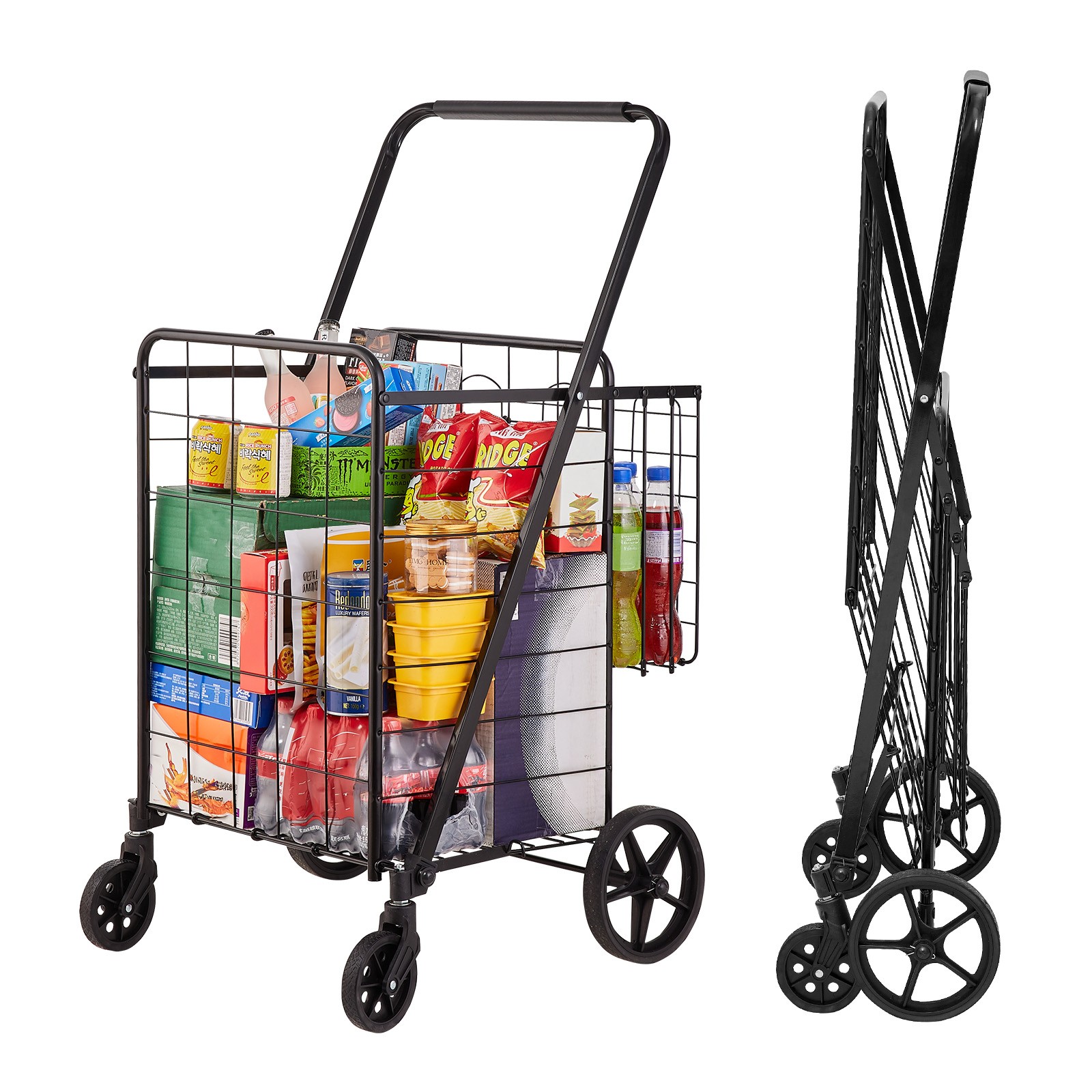 Uimoso Folding Shopping Cart Rolling Grocery Cart with Double Baskets 110 LBS