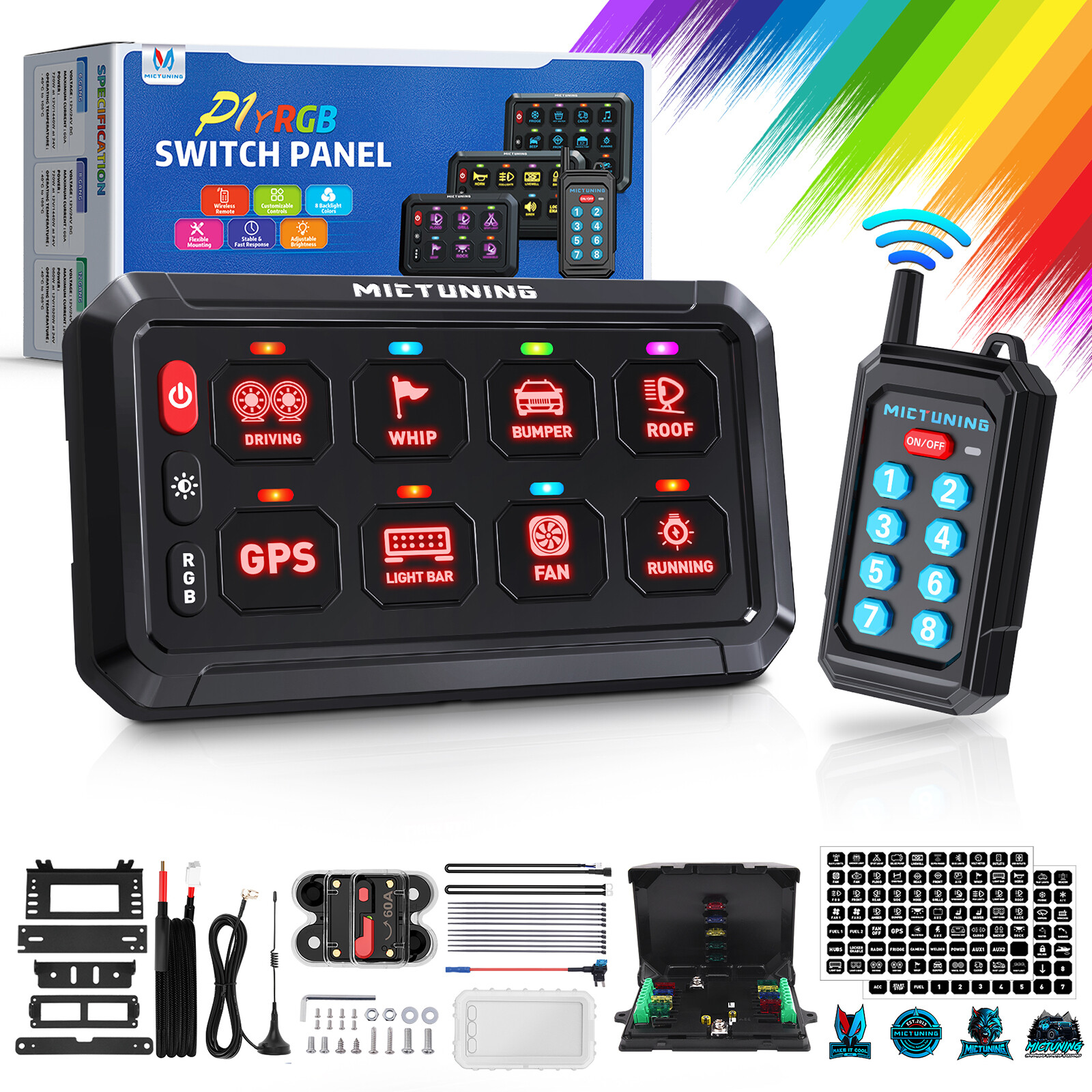Wireless RGB 8 Gang Switch Panel ON-OFF Circuit Remote Control Relay System Kit