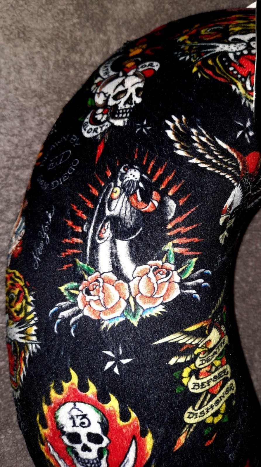 Ed Hardy Tattoo Print Neck Travel Pillow Memory Foam Removable Cover Microfiber