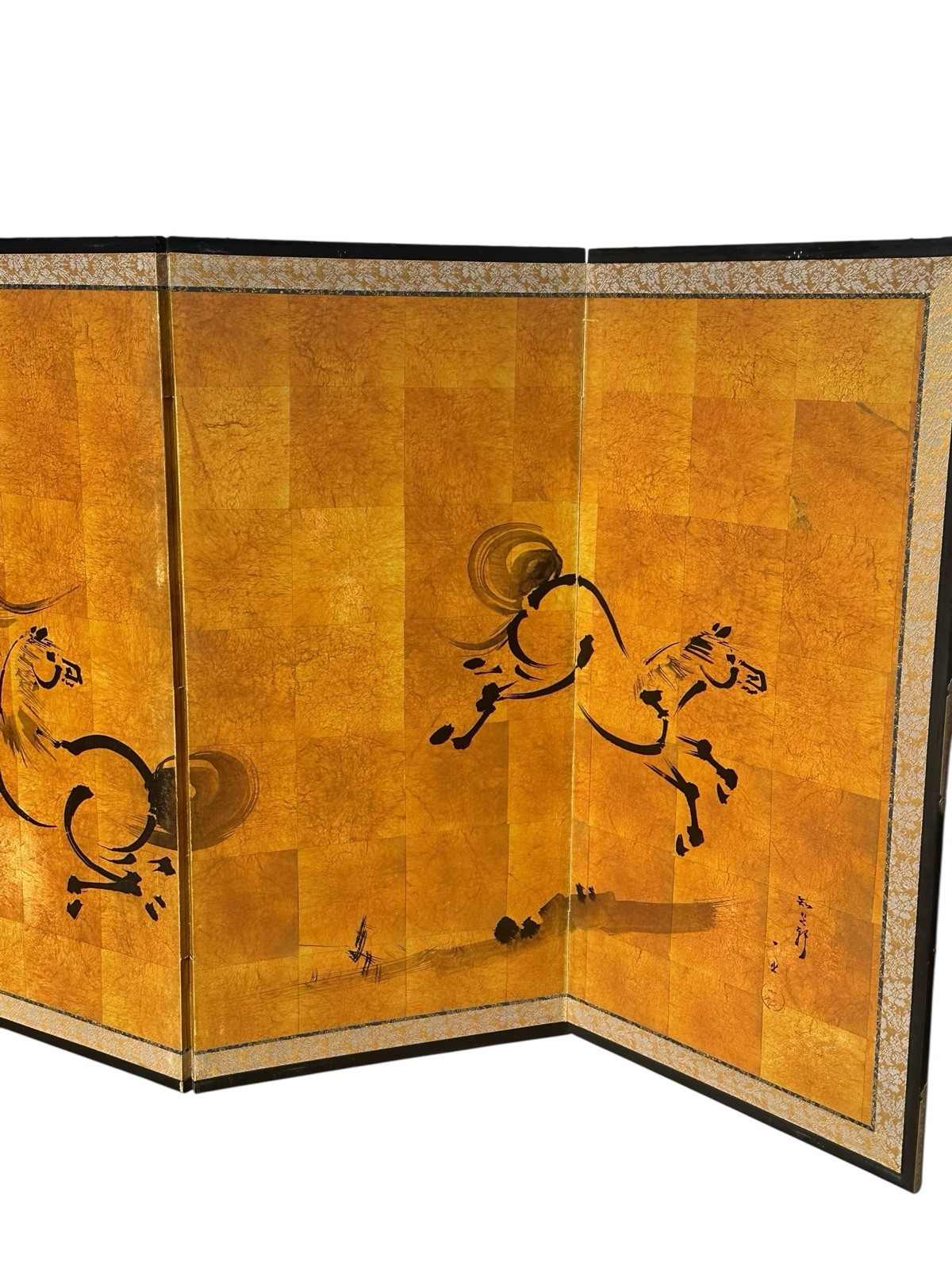 Byobu Horse Art Folding Screen Asian Ink Painted Spirited Horses 4 Panel