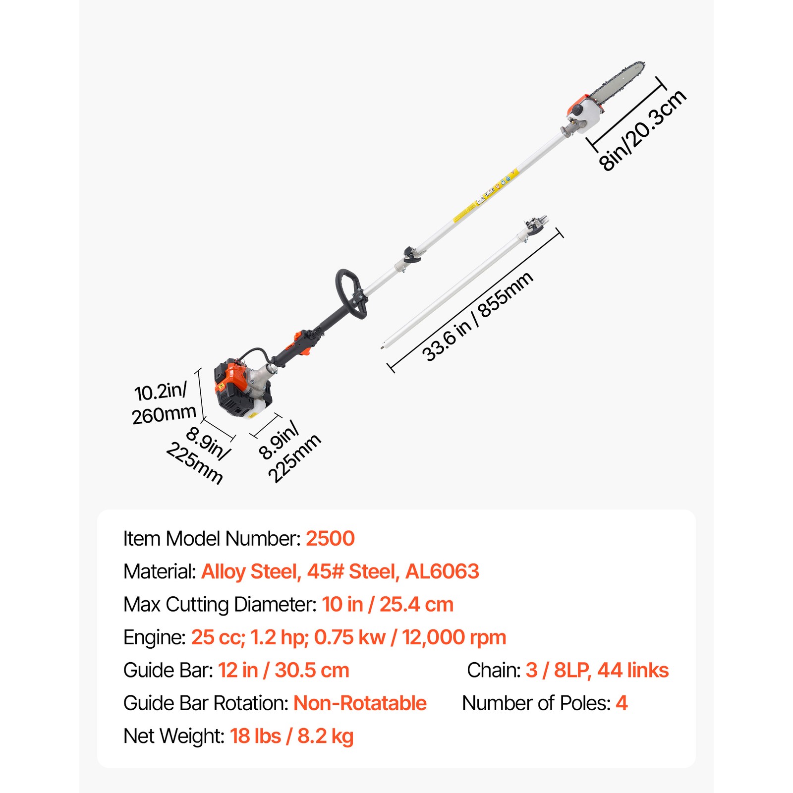 Gas Pole Saw 25CC 2-Stroke Extendable Cordless Tree Trimmer 8 in Cutting Bar