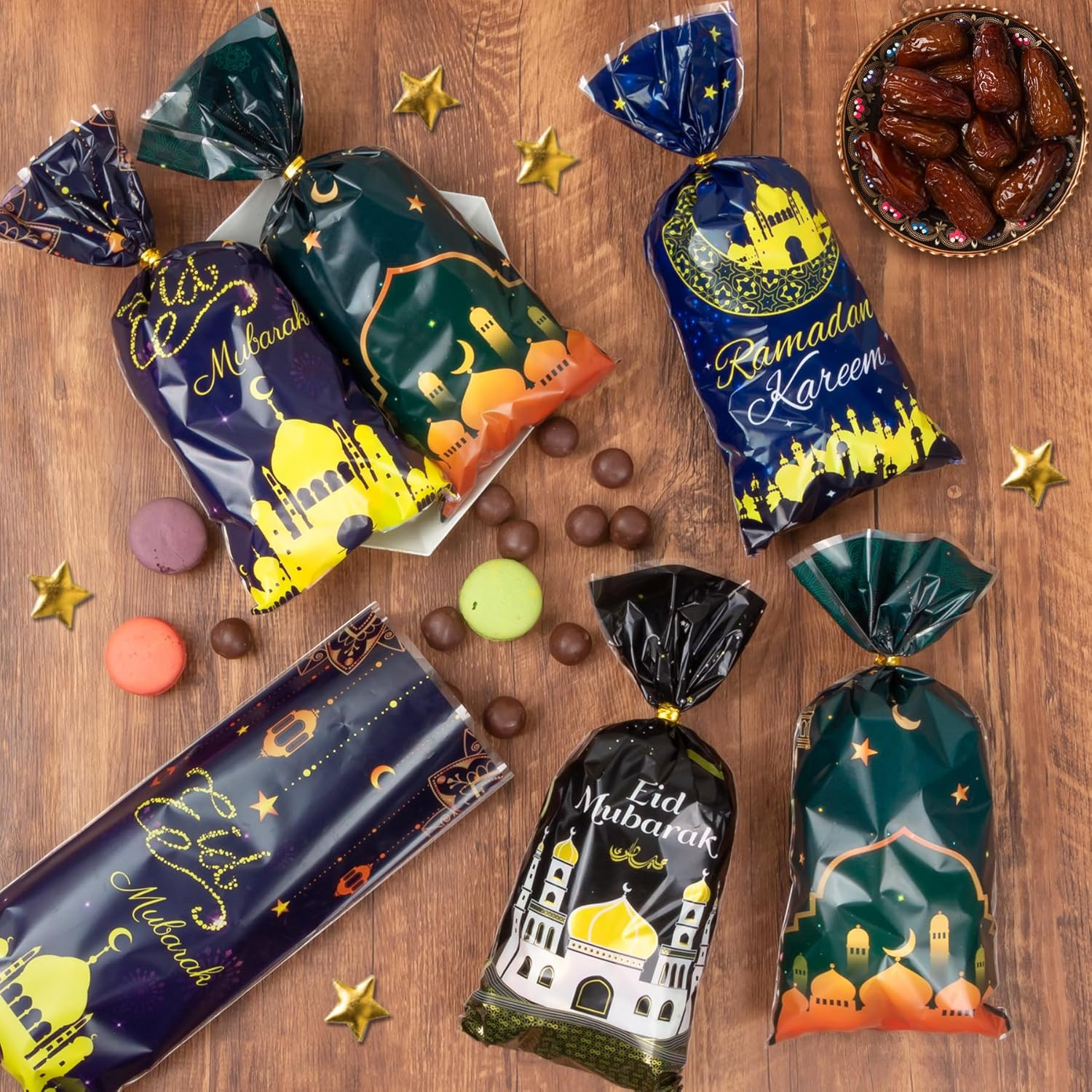 Eid Mubarak Cellophane Treat Bags, 100Pcs Ramadan Plastic Clear Goodie Bags with