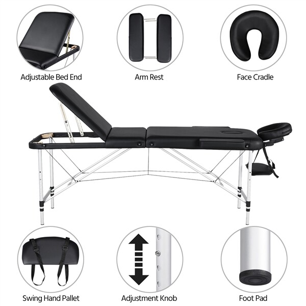 Aluminium Massage Table Portable Beauty Bed 3 Fold Tattoo Bed Black 84'' Renewed
