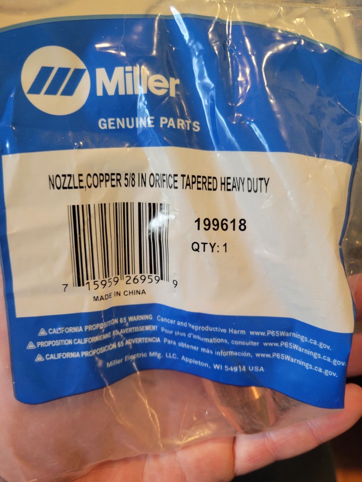 MILLER 199618 MIG NOZZLE 5/8" ORIFICE TAPERED HEAVY DUTY