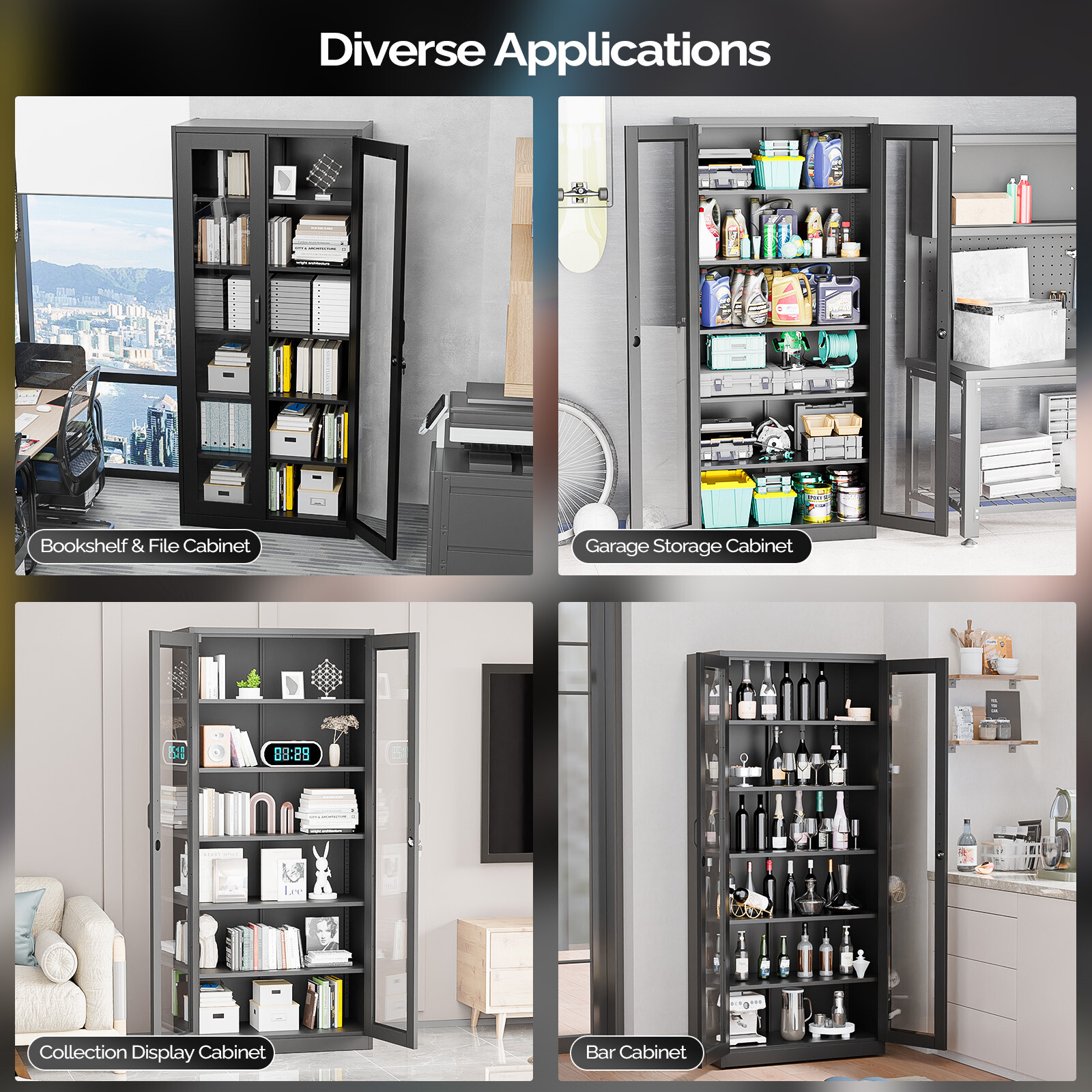 71" Tall Lockable Display Cabinet with Glass Doors & 5 Adjustable Shelves Black