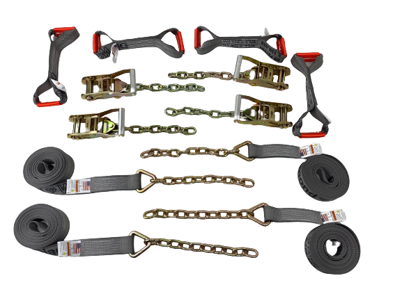 8 pt Kit 18' Grey Diamond Weave Rollback / Flatbed Car Tie-Downs w/ Chain Tails