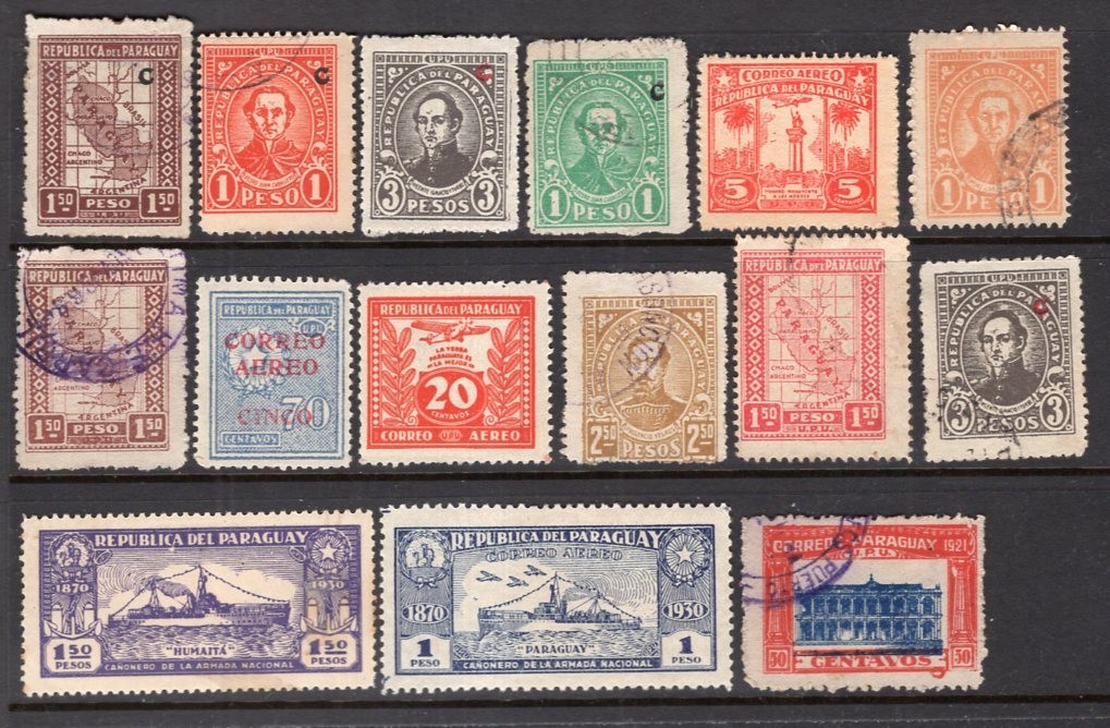 Paraguay 1920-1931 Group of 15 Stamps With Offset on Reverse