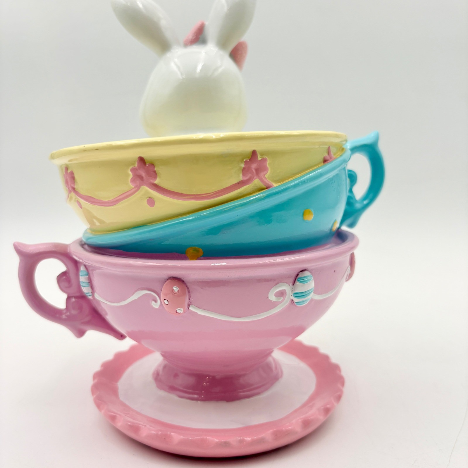 Easter Bunny Rabbit Stack Pastel Teacups Figurine Spring Decor Pink Blue Yellow