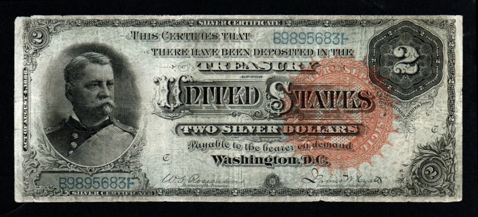 1886 $2 Major General Winfield Scott Hancock LARGE Size VF+ Silver Certificate!