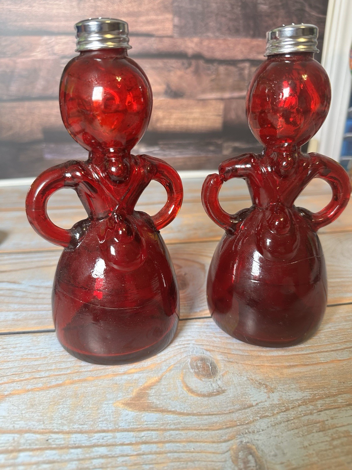 Vintage Ruby Red Glass Merry Maid Salt Pepper Shakers Set Taiwan Figural