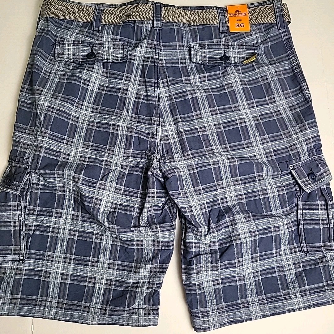 NWT Wear First Mens 36 Y2K/2000s BAGGY PLAID CARGO SKATE SHORTS Blue Belted