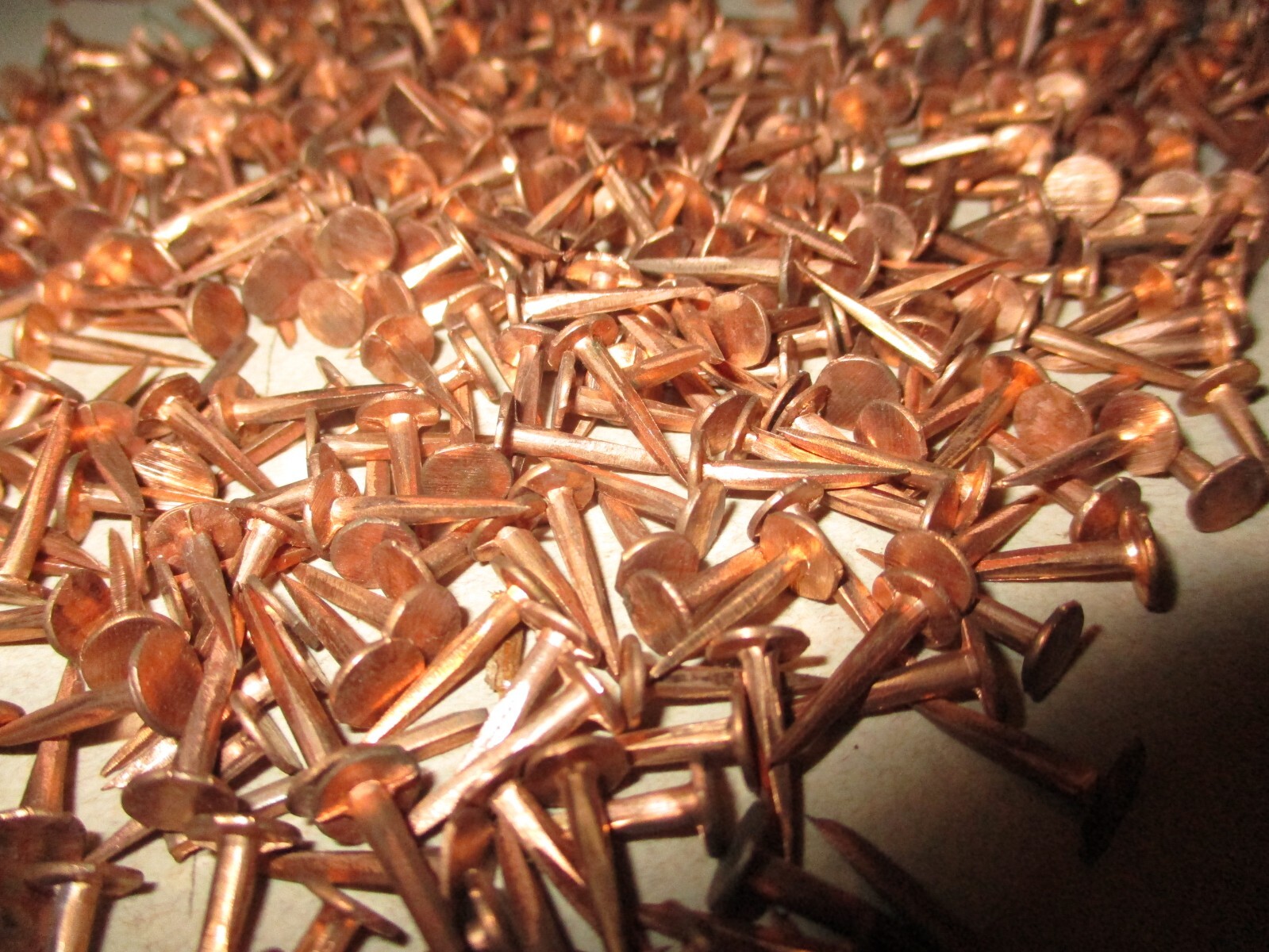 50-VINTAGE 1/2” LONG SOLID COPPER TACKS sharp point's 7/32” WIDE flat head, NOS