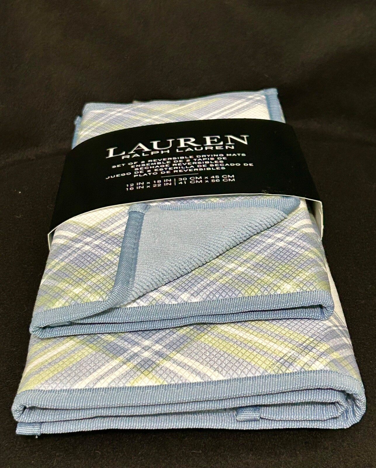 RALPH LAUREN KITCHEN DRYING MATS Plaid (2) 12" X 18" And 16" X 22" Blue/Green
