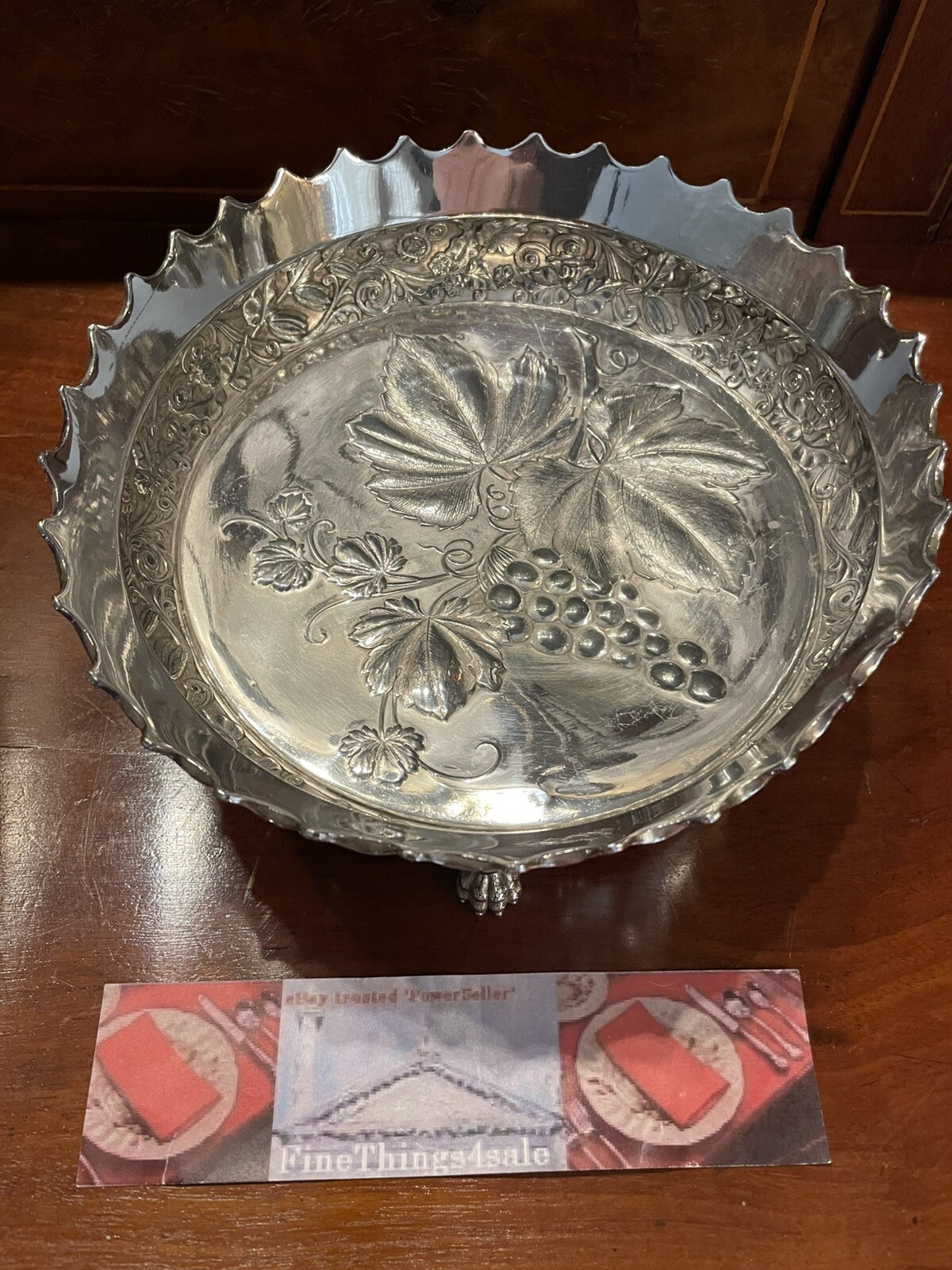 1800s SHABBY CHIC VICTORIAN WILCOX SILVER COMPOTE FOOTED CENTER BOWL GRAPE MOTIF