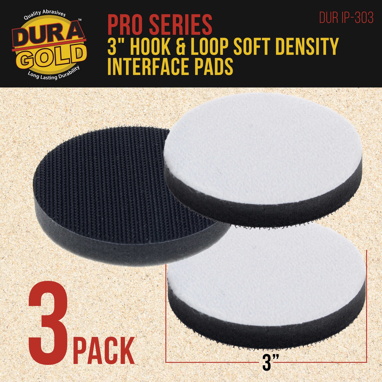 3 Dura-Gold 3" x 10mm Soft Density Interface Pads For Hook & Loop Sander Discs