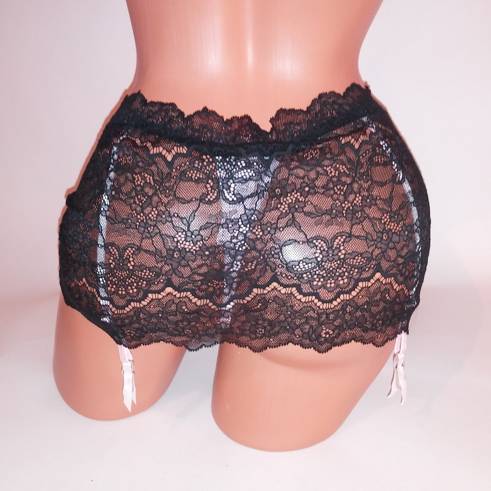 Victoria Secret Garter Belt Skirted Attached Thong Panty Black Pink Lace Dream