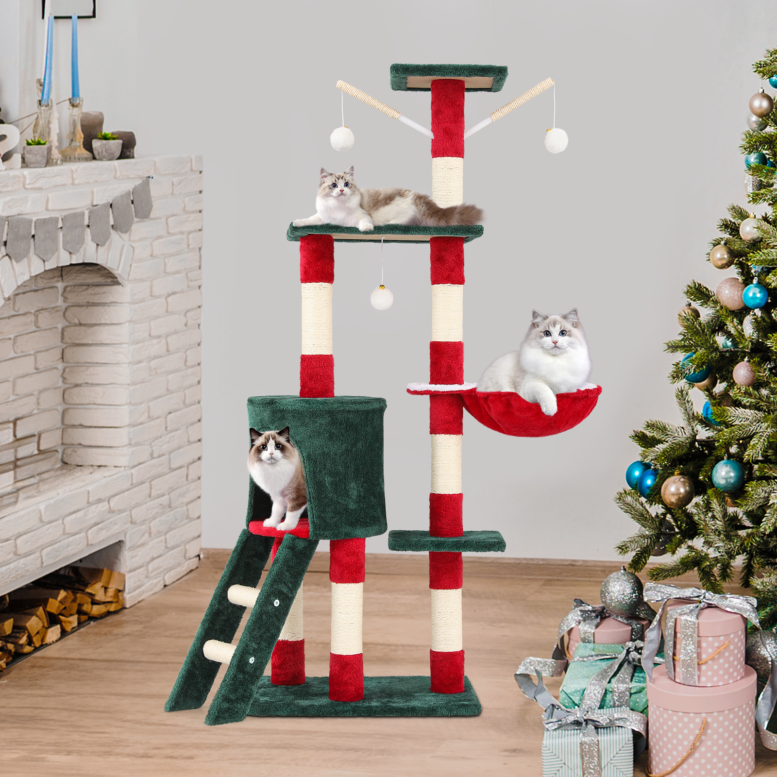 55 Inch Indoor Christmas Cat Tree Cat Tower Cat Crawl Cat Nest Party Xmas Décor