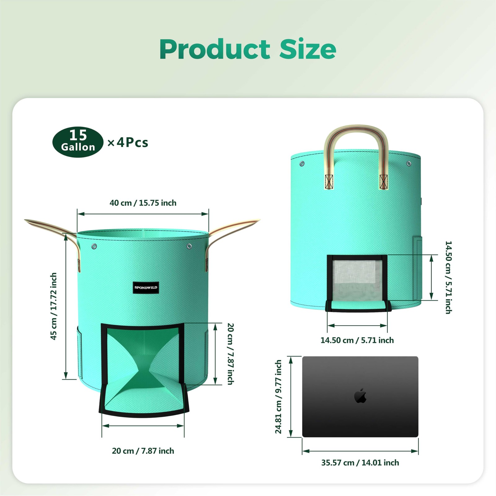 SPONDWILD 4 Pack 15 Gallon Potato Grow Bags, PE Garden 15 gallon, Green