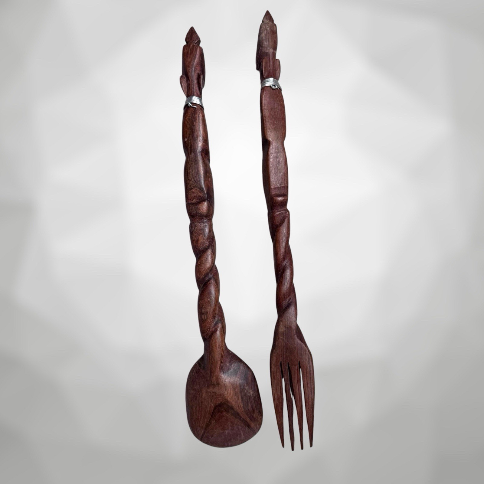 Vintage African Hand-Carved Wooden Large Spoon & Fork Set 14" Tribal Decor