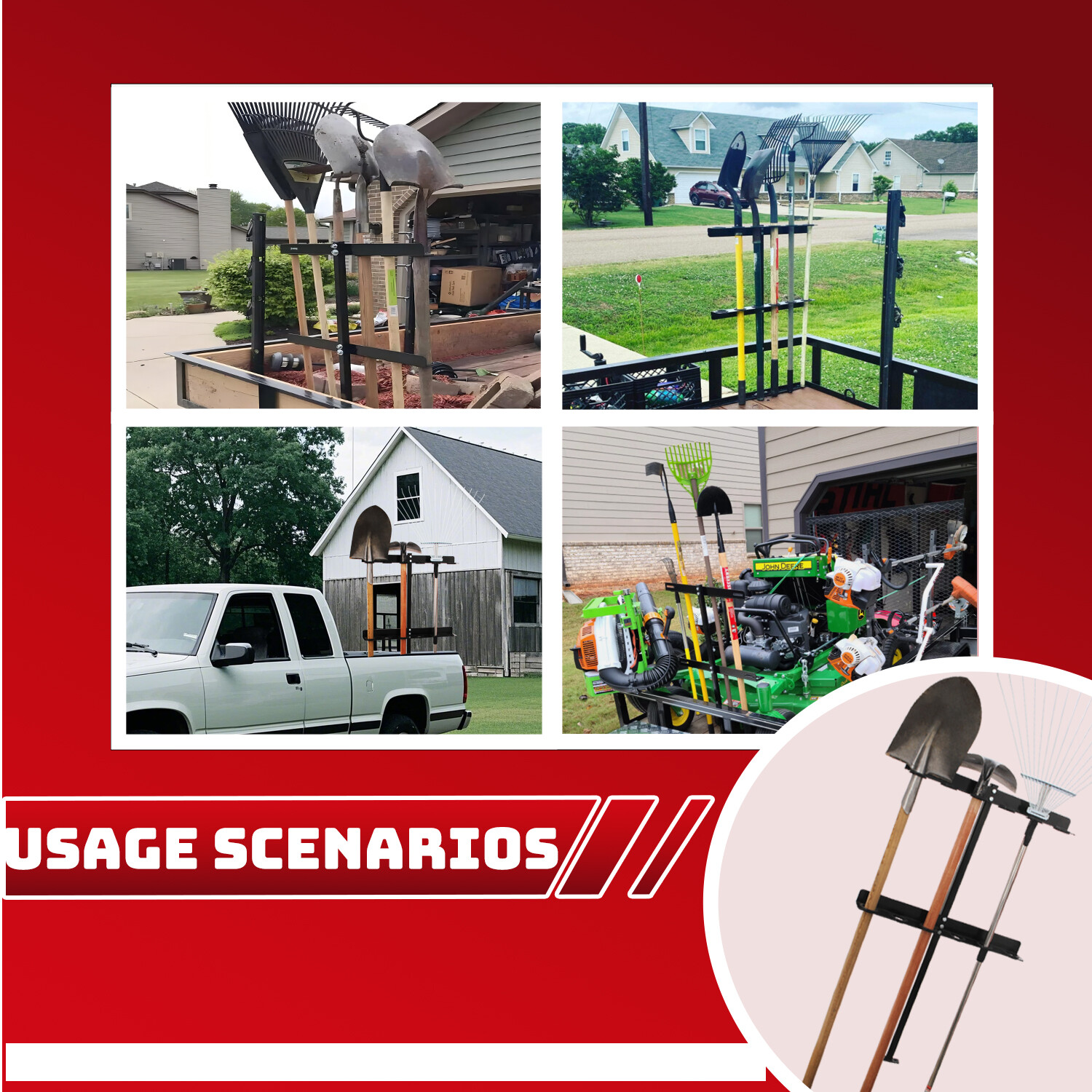 6-Hole Trailer Tool Rack – Shovel, Rake & Pickaxe Holder with Rubber Grommets