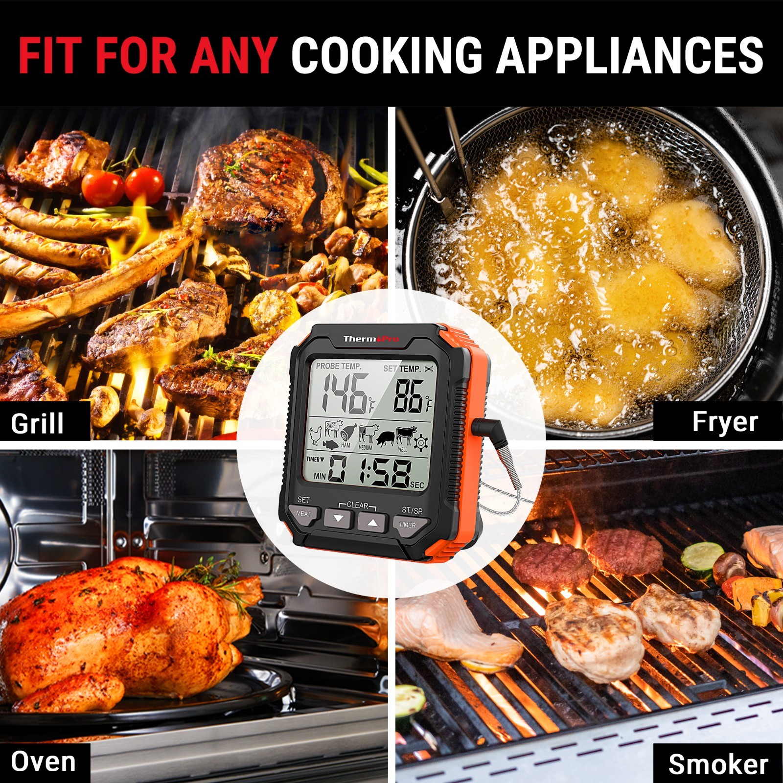 ThermoPro TP716 Leave-In Digital Meat Thermometer for Oven Grill BBQ Stovetop