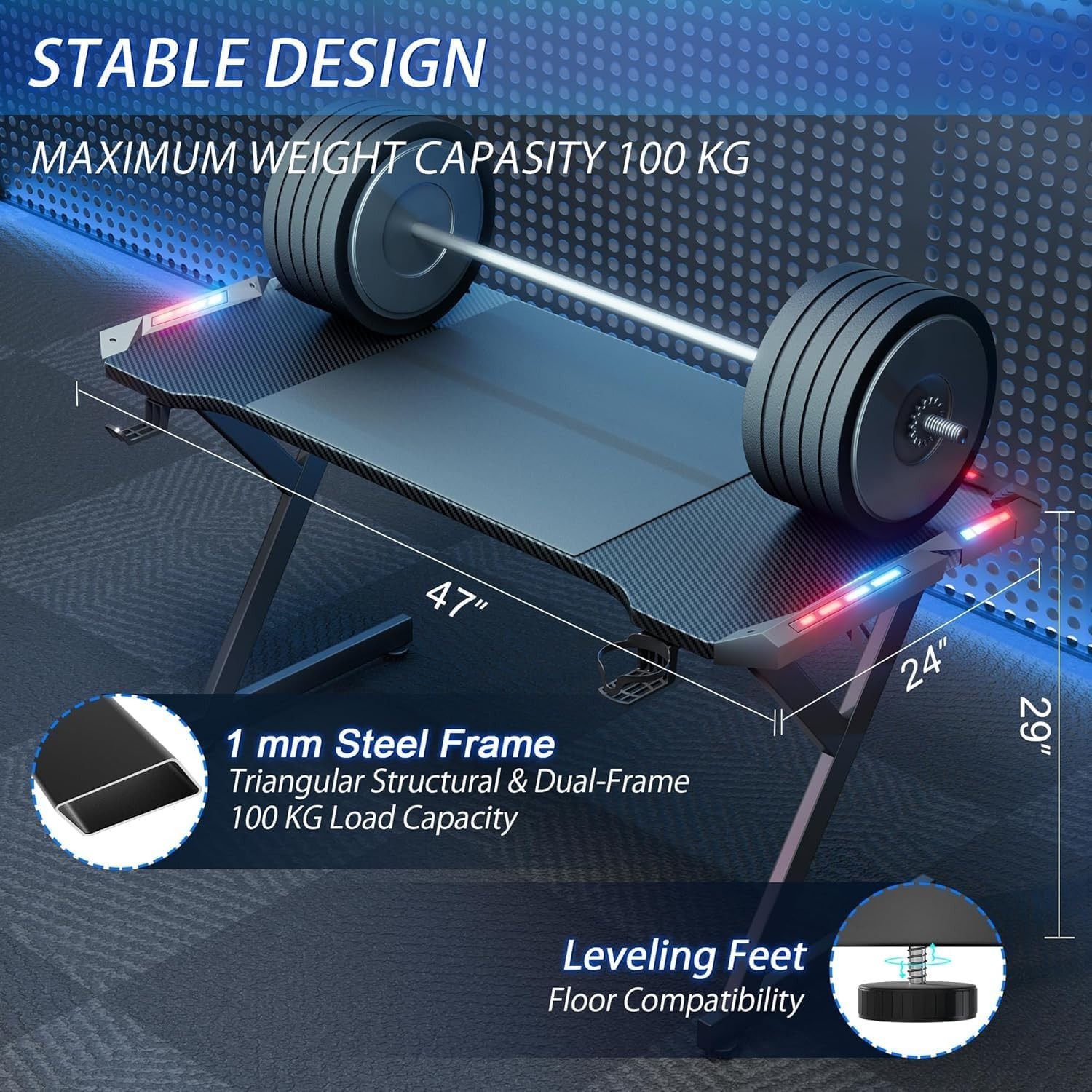 47/55 inch Gaming Desk with LED RGB Ergonomic Computer Table Gamer Desk