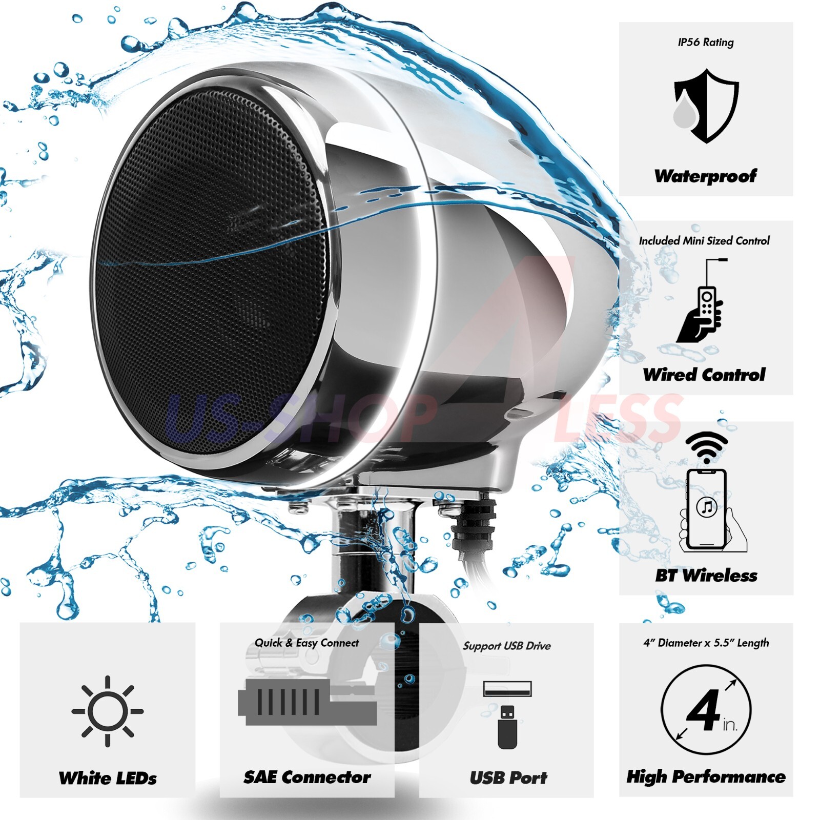 Waterproof Bluetooth Motorcycle Stereo LED Speaker Amp USB System Harley Chrome