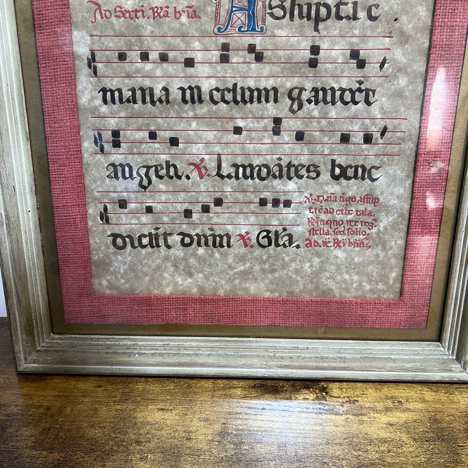 Pair Framed Illuminated Gregorian Chant Music Manuscript Pages Medieval Style