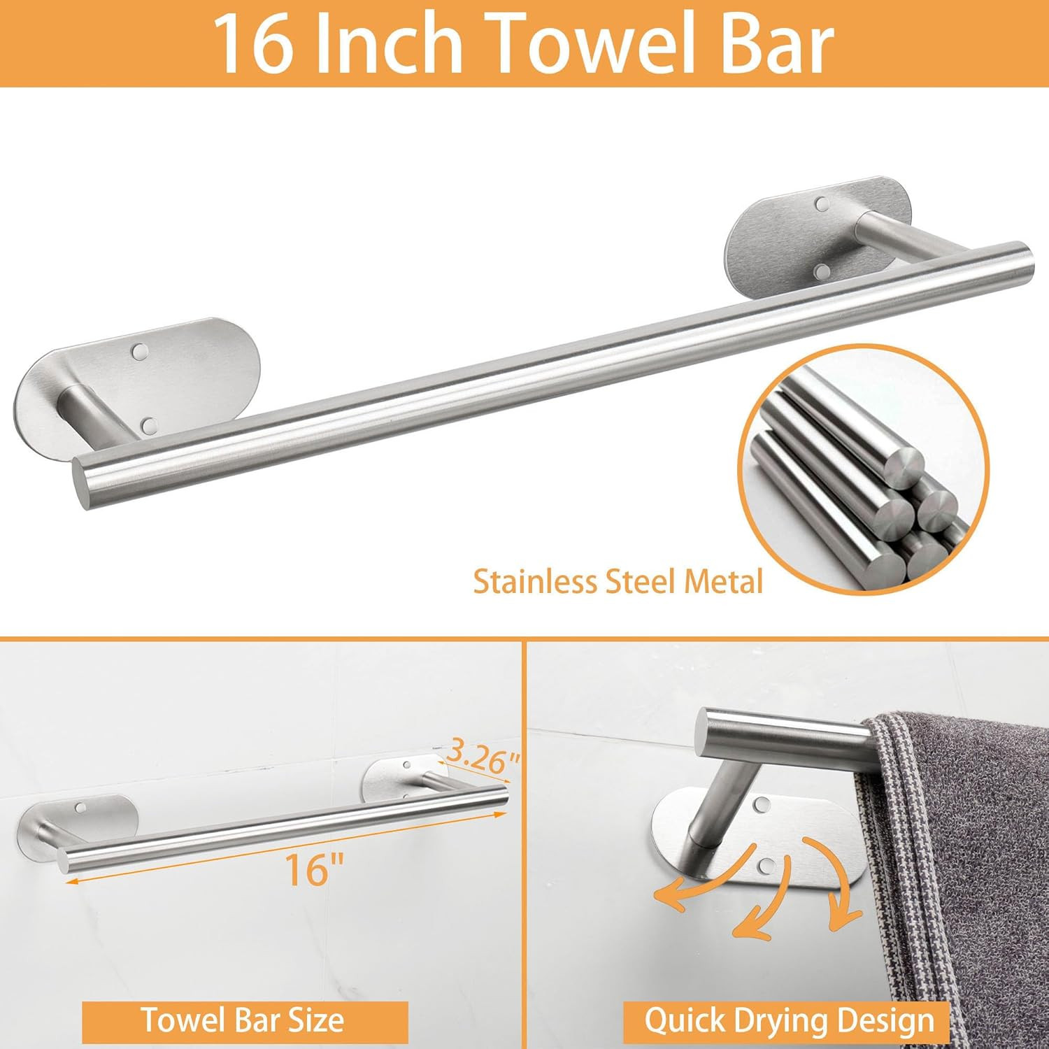 5 Pieces Wall Mounted or Self Adhesive Towel Bar Set, Stainless Steel Bathroom H