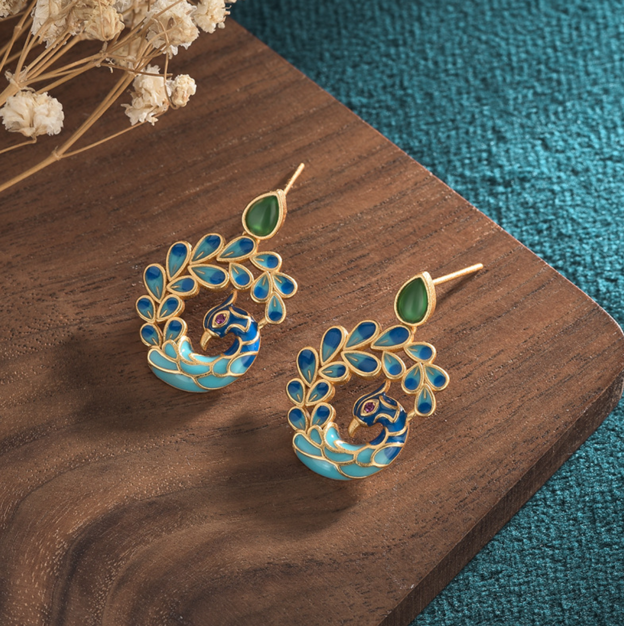 Jade Enamel Drop Dangle Earrings Boho Peacock Dainty Gemstone 18K Gold Plated