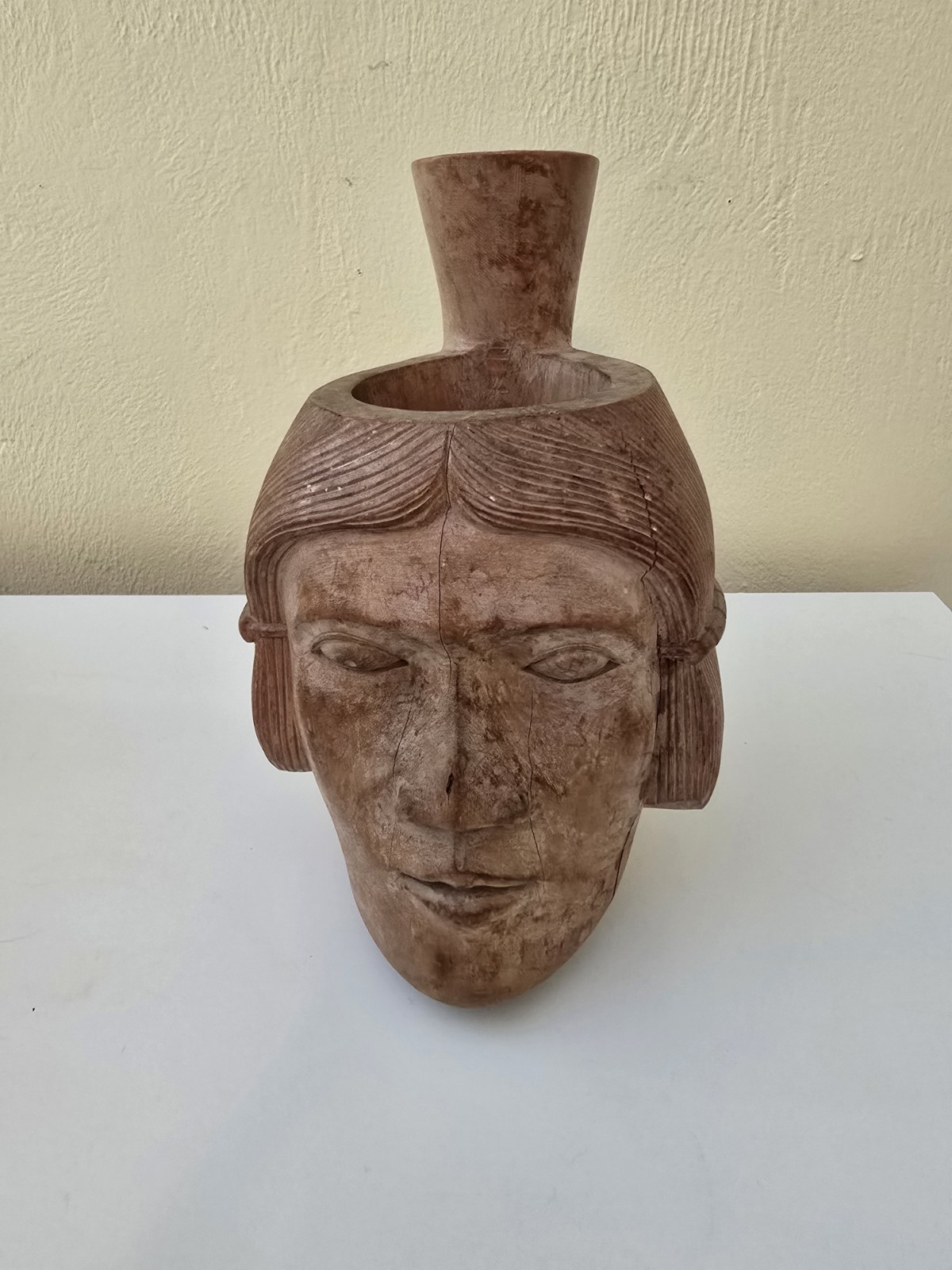 Moche Portrait Face Vessel Peruvian Pre-Columbian Style Wood Carving