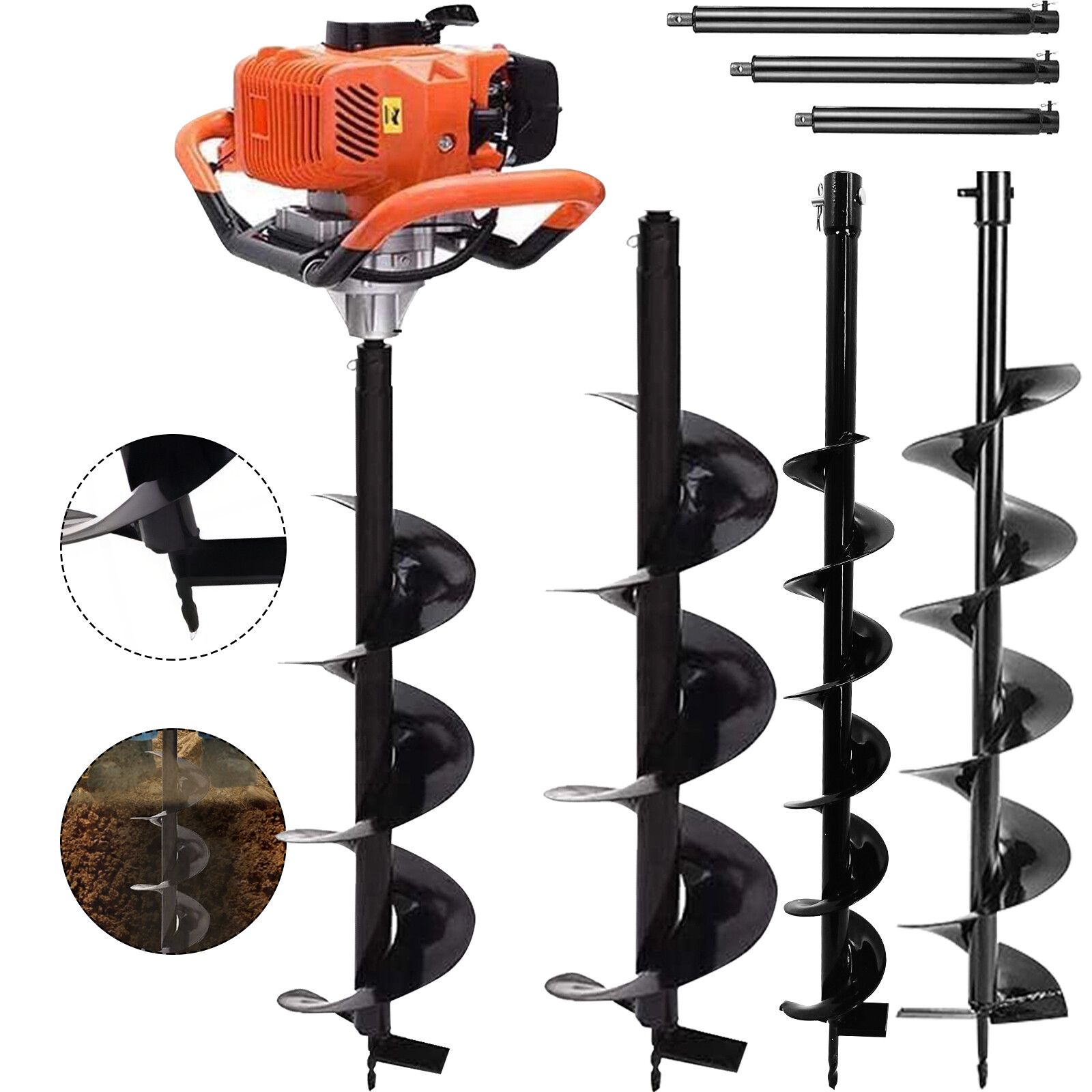 62CC Gas Post Hole Digger w/ 4 Drill Bits (4"-12") & 3 Rods for Garden Use