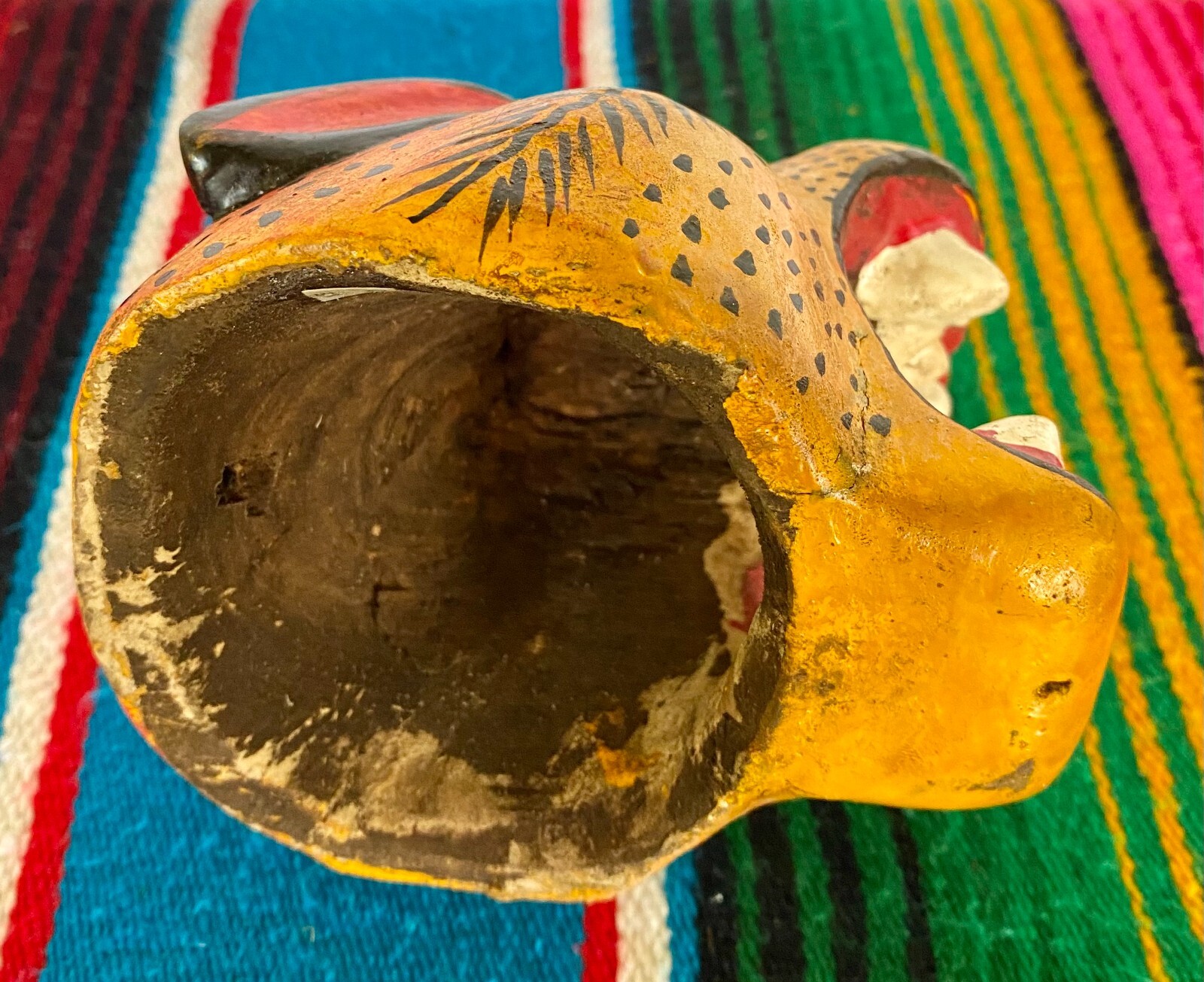 Mexican Folk Art Carved Wood Jaguar Leopard Cat Head Lion Face Mask Guerrero 5"