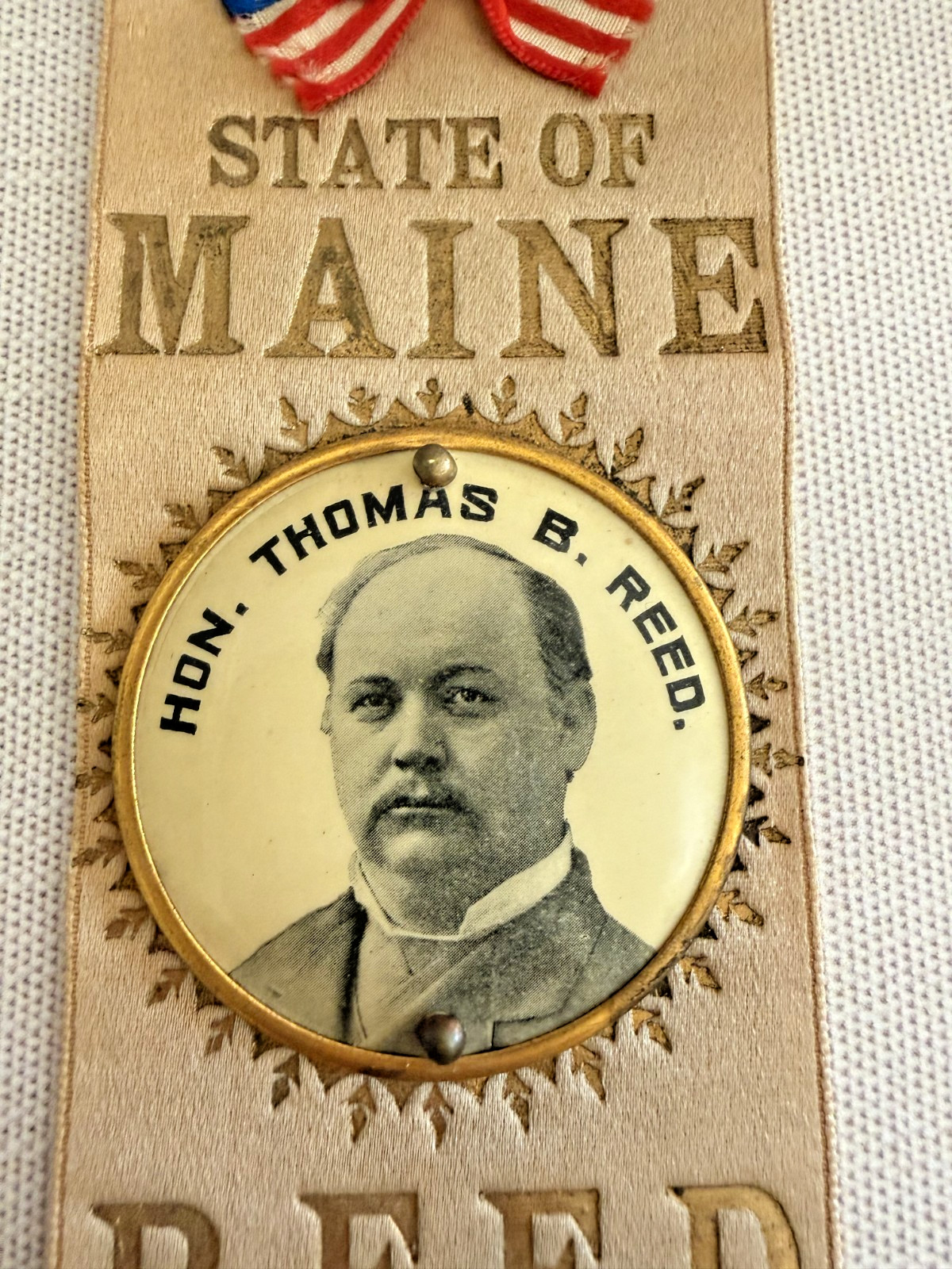 1896 McKinley Hobart Campaign Ribbon w Thomas B. Reed Celluloid – Whitehead