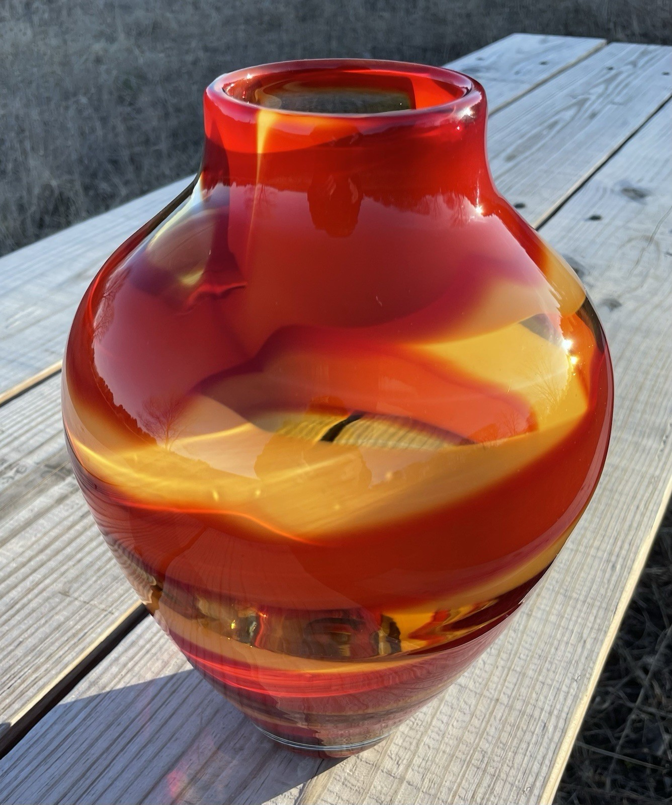 Waterford Evolution “Red Sea” Crystal Amphora Art Glass Vase, swirl design