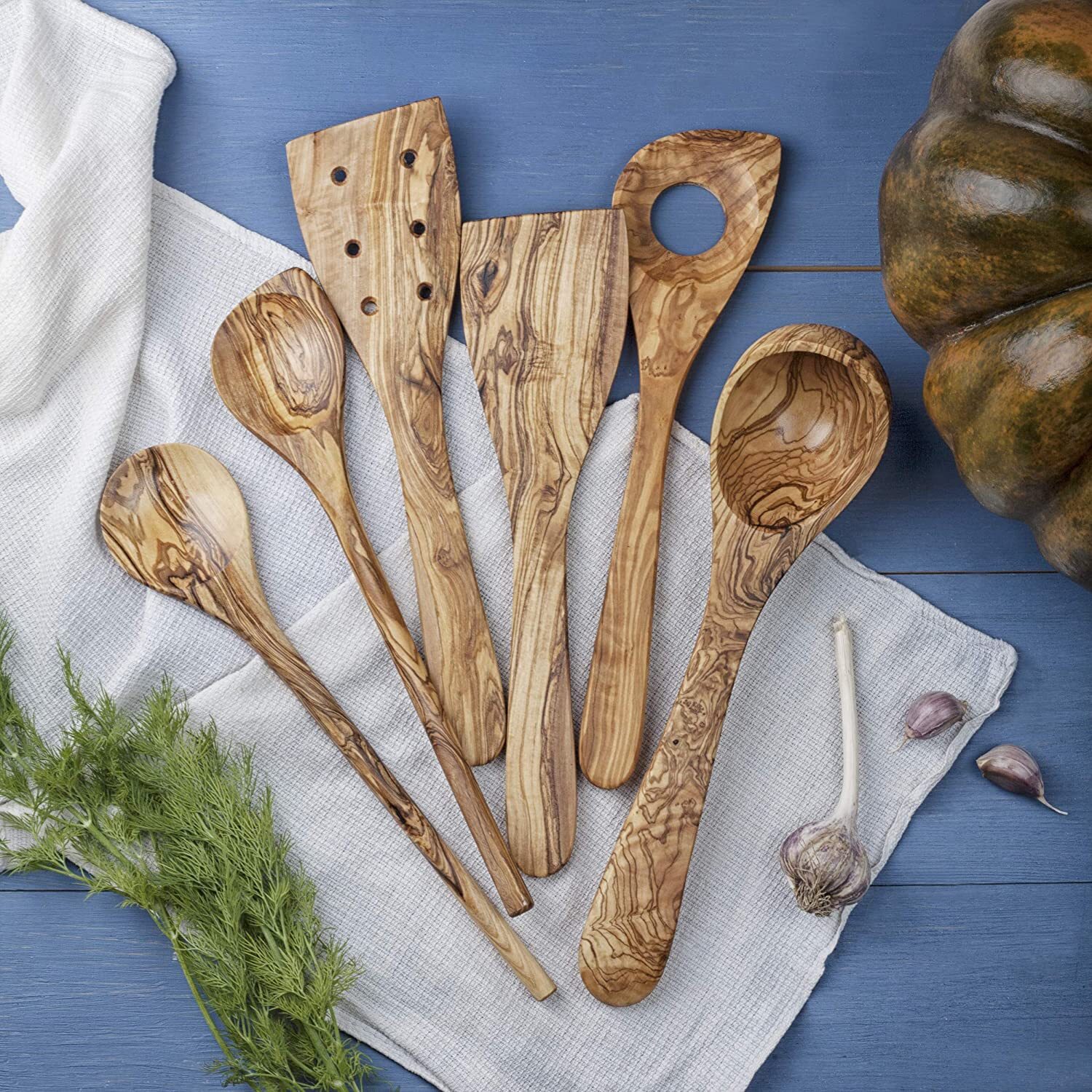 Olive Wood Utensils Set for Cooking 6Pcs, Wooden Kitchen Utensil Set Farmhouse