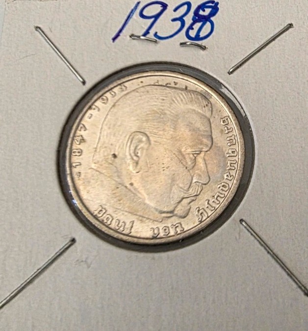 2 Mark German 62.5% Silver Paul Von Hindenberg 1938 Swastika Third Reich
