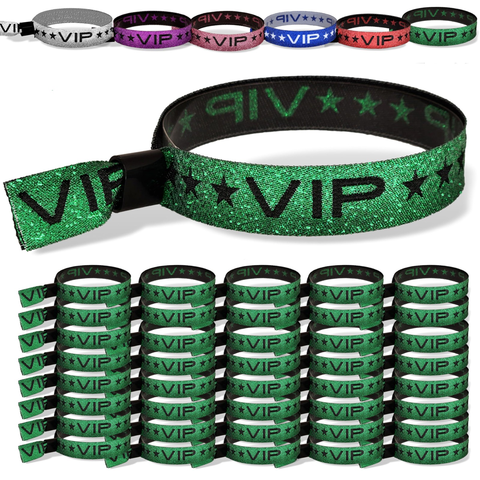 100 Pack Green Glitter VIP Party Wristbands with Secure Locking Clip. Must Ha...