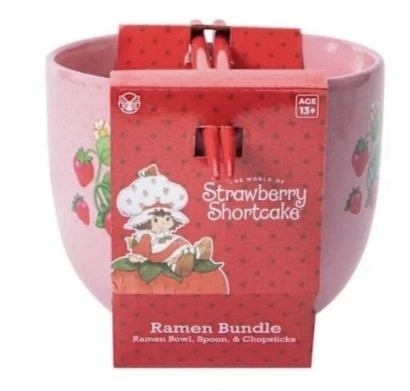 Strawberry Shortcake Pink Ramen Bowl 3piece Set Chopsticks & Spoon 🍓 New In Box