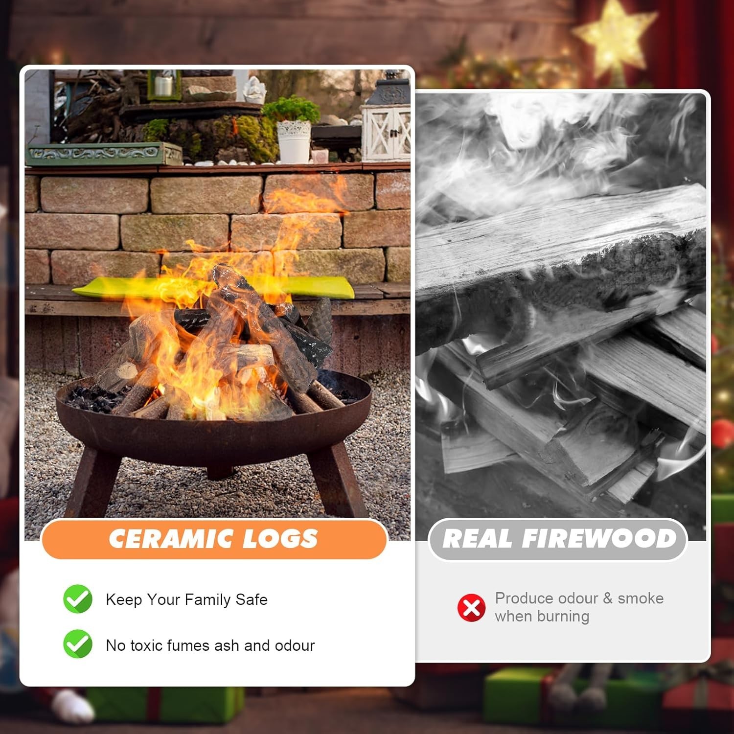 Large Ceramic Gas Logs, 10 Piece Set of Decoration Ceramic Wood Logs for All Typ