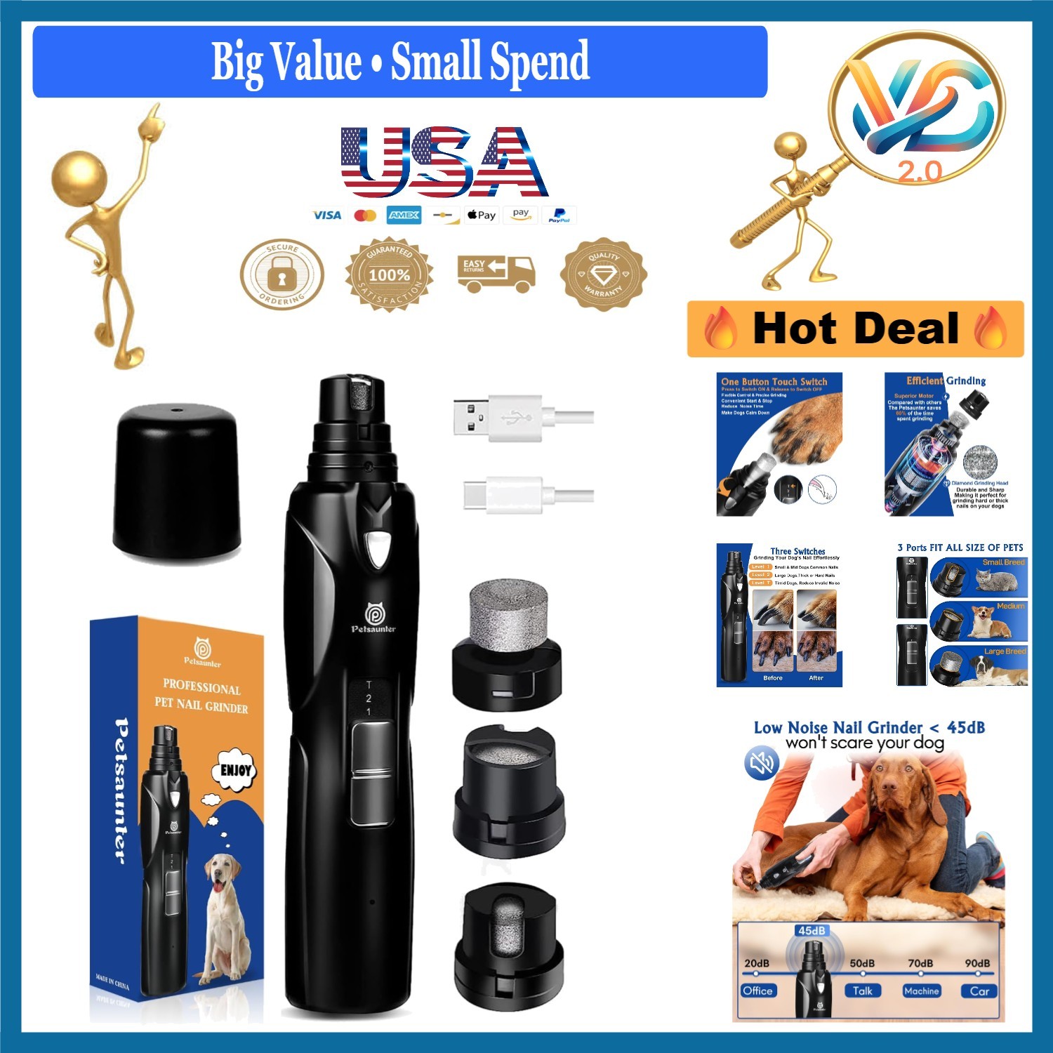 Dog Nail Grinder 2-Speed LED Light Quiet Low-Vibration Large Small Pets