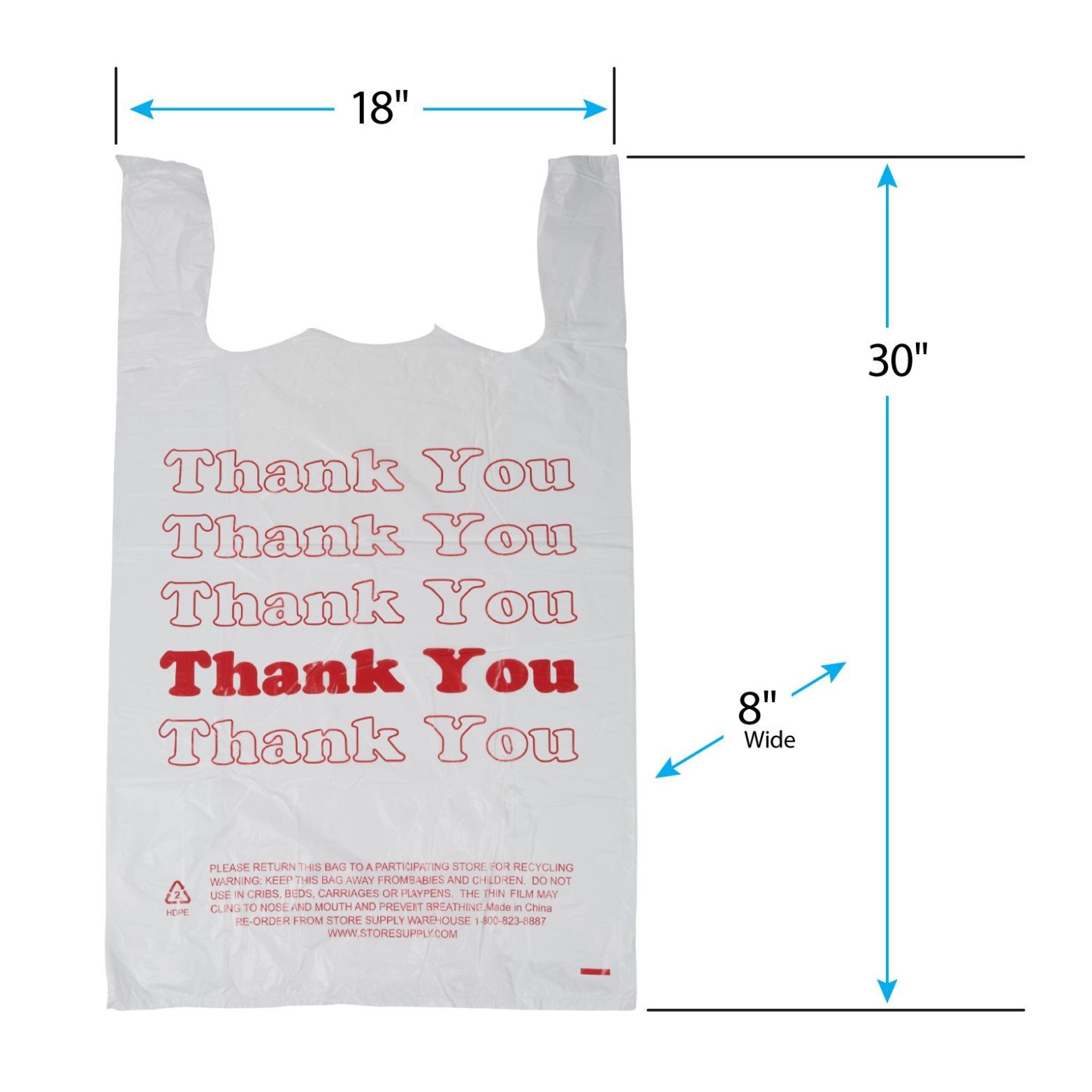 Large Plastic Thank You Bags (T-Shirt Bags) 18" x 8" x 30" - Case of 500
