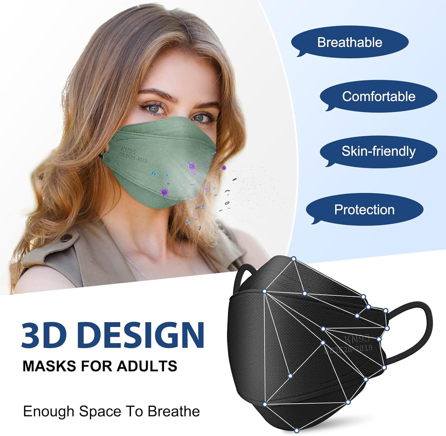 KN95 Face Masks Disposable Adults - 50 Pack 5 Layer Protection Dust Breathable C