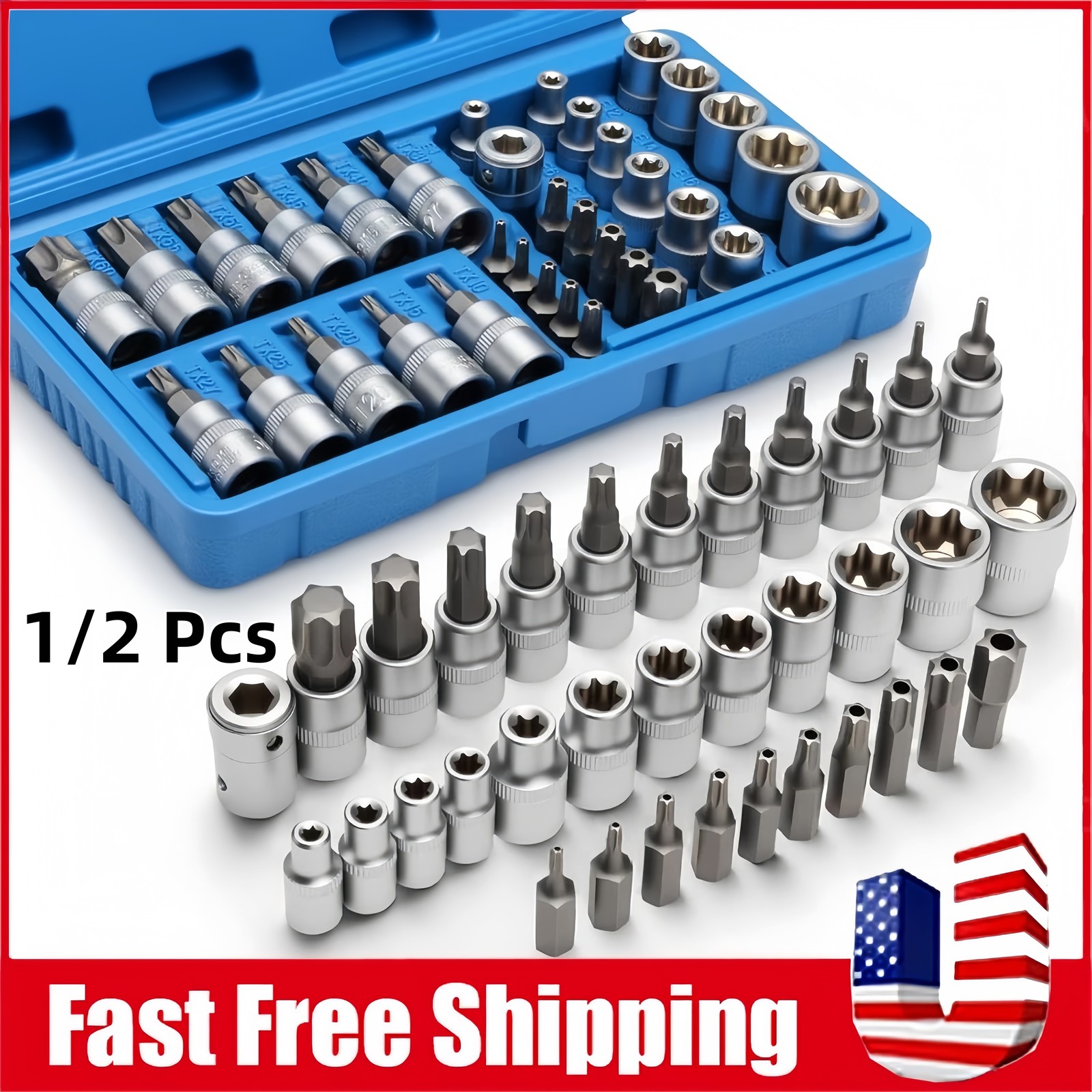 NEW 34pcs Torx Star Sockets & Bit Set Male Female E-torx Security Bits 3/8 Drive